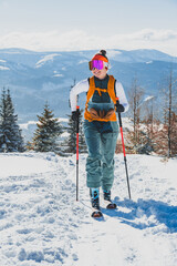 Mountaineer backcountry ski walking ski alpinist in the mountains. Ski touring in alpine landscape with snowy trees. Adventure winter sport. Kralova hola, Slovakia © Zedspider