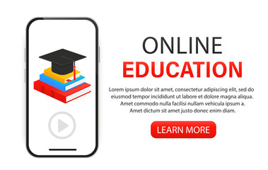 Online education phone. A stack of books, a sheet of paper and a square academic cap isolated on white background. Lifelong constant learning. University degree web banner. Vector illustration