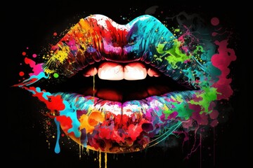 Beautiful Lips Pop Art Illustration with Colorful Paint Splash Background, generative ai