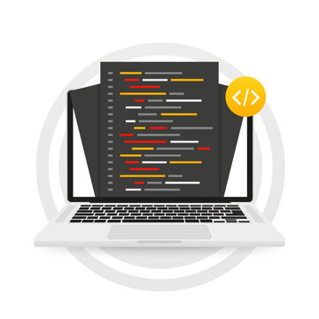 Letters to programming codes on a laptop. Programming language and program code on screen laptop. Programming coding. Software, web development, programming concept. Vector illustration