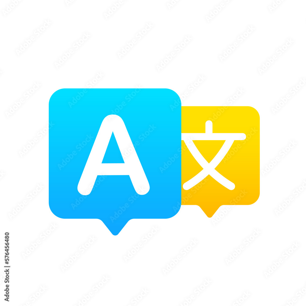 Poster icon for translator application. chat bubbles with language translation icons in different styles. m