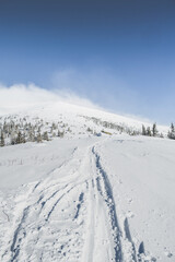 Alpine mountains landscape with white snow and blue sky. Sunset winter in nature. Frosty trees under warm sunlight.  Hiking winter to kralova hola, low tatras slovakia landscape © Zedspider