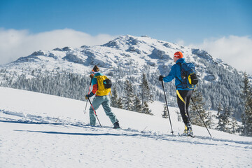 Mountaineer backcountry ski walking ski alpinist in the mountains. Ski touring in alpine landscape with snowy trees. Adventure winter sport. Kralova hola, Slovakia © Zedspider