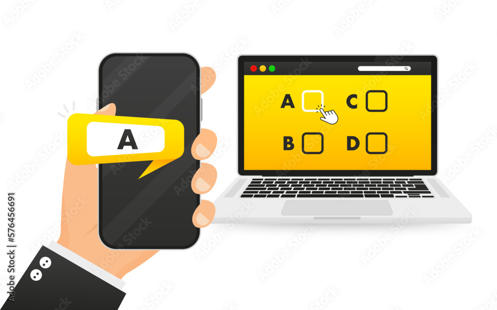 Poster test on a laptop. split testing - a b c d website. pop-up reply on the phone. online training. onlin