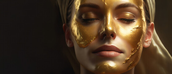 young female model is relaxed with a golden mask on her face. skin rejuvenation of a beautiful woman.  Luxury Skin Care Concept. generative AI