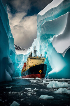  SHIP GOING THROUGH A SMALL PASSAGE OF ICE ILLUSTRATION