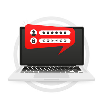 Laptop with account login and password form page on screen. Sign in to account. Security concept, personal access, user authorization, protection from the Internet. Vector illustration