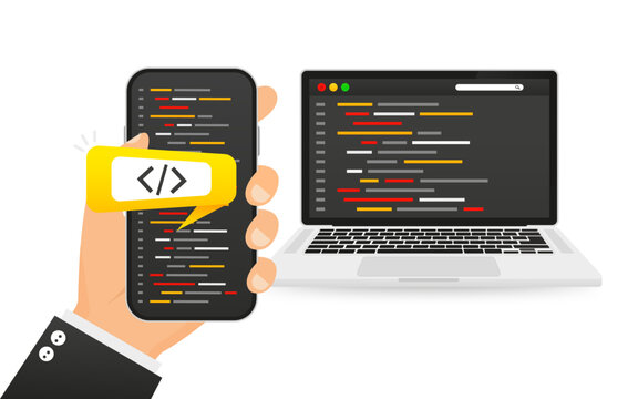 Concept of programming coding application development with virtual screens of laptop and phone. Code programming, programming language. SEO. Search engine. Vector illustration