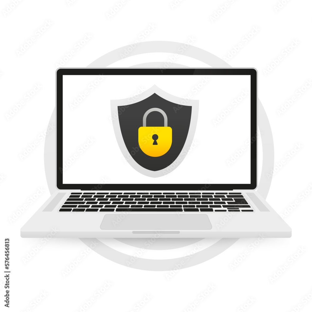 Poster concept data protection on laptop. shield with lock on computer. internet security. protect confiden
