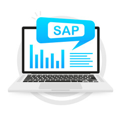 SAP Business process automation software on laptop screen. Different graphic icons. Business automation software. Vector illustration