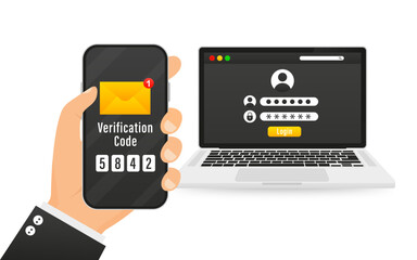 Verification code. 2fa authentication, password, secure notification, login confirmation or SMS with push code, message board icon in smartphone, phone and laptop. Vector illustration