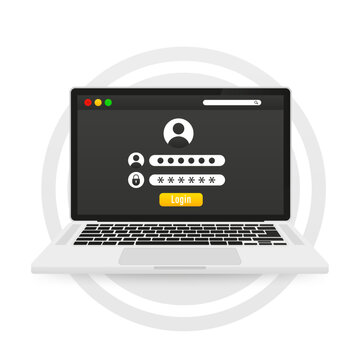 Login form on laptop screen with login and password page. Username and password fields. Laptop login form. Sign in to account. User authorization. Vector illustration