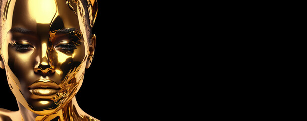 Obraz premium The skin of a golden woman. Beauty fashion model girl with golden makeup on black background. Metallic, look Fashion art portrait.Luxury Skin Care Concept. generative AI
