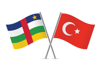 The central African Republic and Turkey crossed flags. Centrafrique and Turkish flags on white background. Vector icon set. Vector illustration.