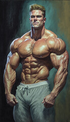 Fototapeta na wymiar Bodybuilder flexing his muscles. Pastel painting created with Generative AI