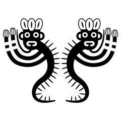 Symmetrical ethnic design with two dancing spirits. Fantastic creature from Nazca pottery. Native American art of ancient Peru. Indigenous Peruvian mythology. Cactus demon. Black and white silhouette.