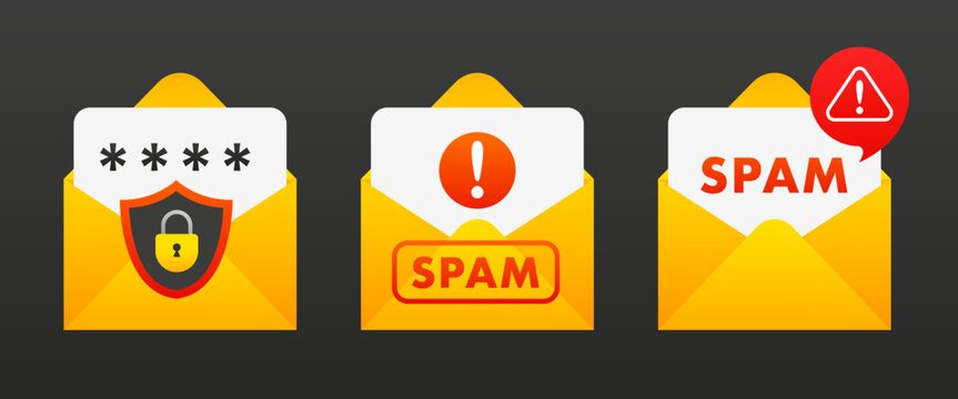 Spam email. Envelope with spam. Spam message. Warning and alert spam notification. Spamming mailbox. Virus, email fraud concept. Danger error alerts, virus problem. Vector illustration