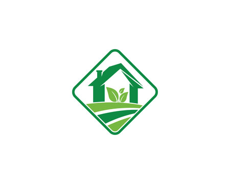 Unique green house logo design. Home and farm Natural Vector illustration.