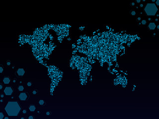 world map made from blue hexagons with a hologram effect