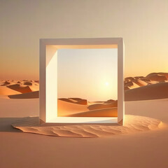 sunrise sky over a desert of sand podium, empty showcase for packaging product presentation. AI generation.