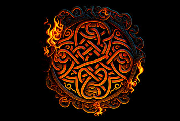 Fire celtic pattern on black background. Red celtic pattern with flame particles. Ancient traditional gaelic background, Generative AI. Celtic background or design element.