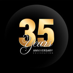 35th Anniversary logo. Golden number with silver color text. Logo Vector Template Illustration
