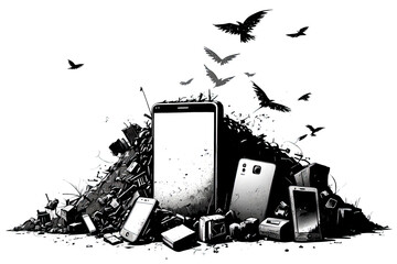 black and white drawing with a gadget dump, birds flying over it, white background