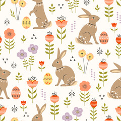 Easter seamless pattern with cute decorative bunnies, Easter eggs and spring flowers in modern folk style. Great for Easter wrapping paper, wallpaper, textile, packaging. Warm pastel colours. - 576457676