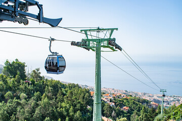 view of Funchal with traditional cable car above the city, in Madeira island vacation tourism landscape panorama
