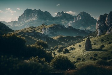 Landscape with mountains and valley. Generative ai. 