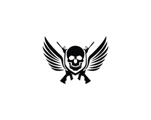 human skull with crossed Gun shield logo design. Pirate, Warrior, automatic guns and skull vector icon.