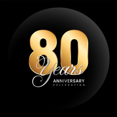 80th anniversary logo design concept. Golden number with silver color text. Logo Vector Template Illustration