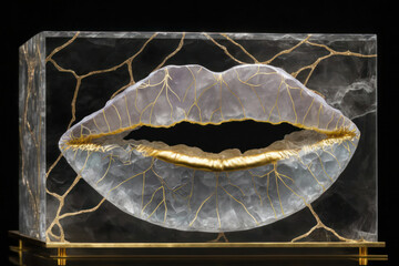 product image abstract lips made of white crystal and black marble inlaid with gold threads