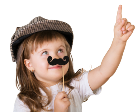 Hipster funny kid. Child girl in hat with mustache