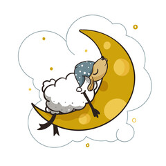 Sheep sleeping,  cartoon animal character with moon. Vector cute Illustration on white background.