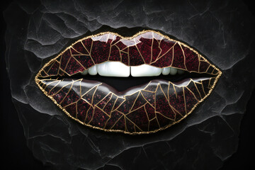 product image abstract lips made of red stone and black marble inlaid with gold threads .generative AI