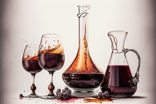 glasses and decanter with wine on white background, created with generative ai