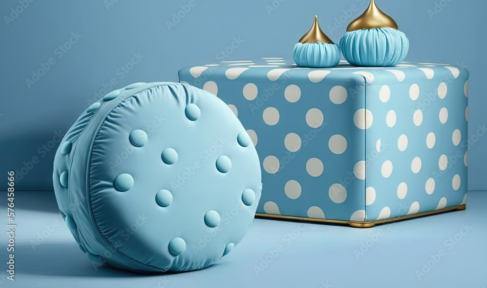 Poster a blue box with a polka dot pattern and two blue balls. generative ai