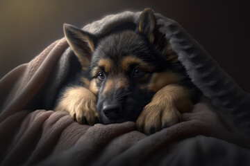 Shepard dog puppy lying on a floor in the blanket, Generative AI. German shepherd dog close up portrait. Lonely dog poortrait. Shepard puppy background for banners and posters. Adorable dog background
