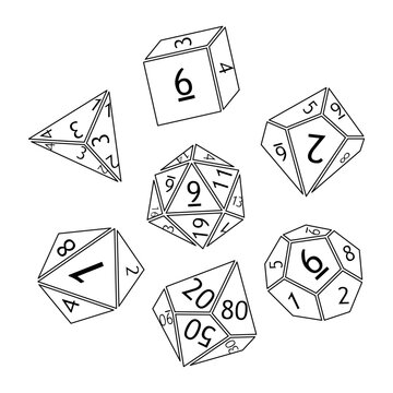 Set of dnd dice for rpg tabletop games. Polyhedral dices with different sides d4 d6 d8 d10. Black outline contour and numbers. Vector illustration
