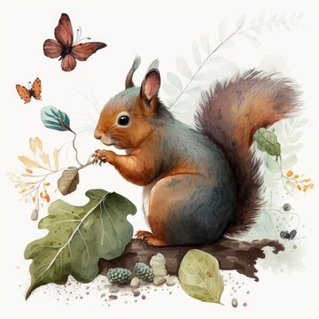 A playful watercolor drawing of a fluffy little squirrel nibbling on an acorn Generative Ai