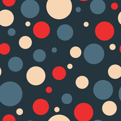 Contrast seamless polka dot pattern, red, blue, beige background, chaotic repeating circles