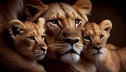 a close up of a mother lioness with her little cubs with generative AI - obrazy, fototapety, plakaty