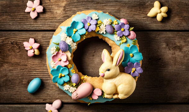  a decorated doughnut with a bunny sitting on top of it.  generative ai