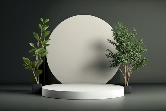Product banner, podium platform, mini bonsai background, 3D, Generative AI