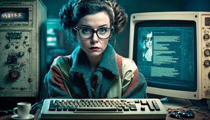 Female programmer and hacker from the 80s wearing worn clothes and glasses in a computer lab with retro machines - obrazy, fototapety, plakaty
