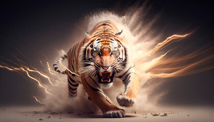 Fierce tiger with sharp teeth running visualized with energy and lightning on a dark background - 576459615