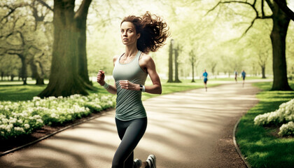 Woman jogging in a park wearing sportswear in the spring with sunlight lighten up the fresh green trees - obrazy, fototapety, plakaty