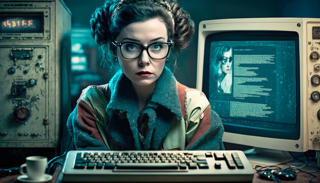 Female programmer and hacker from the 80s wearing worn clothes and glasses in a computer lab with retro machines