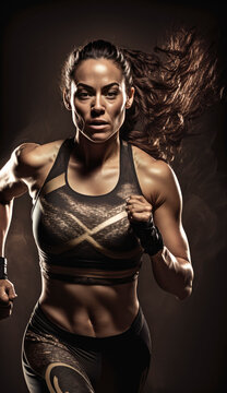 Athletic Woman With Long Dark Hair Jogging A Black Sportwear In A Portrait On A Dark Background